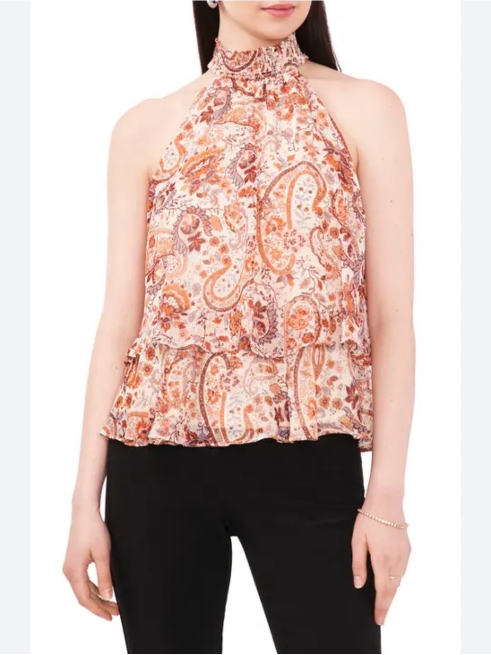 CeCe Paisley Smocked Mock Neck Tiered Sleeveless Blouse – Size Medium – EUC